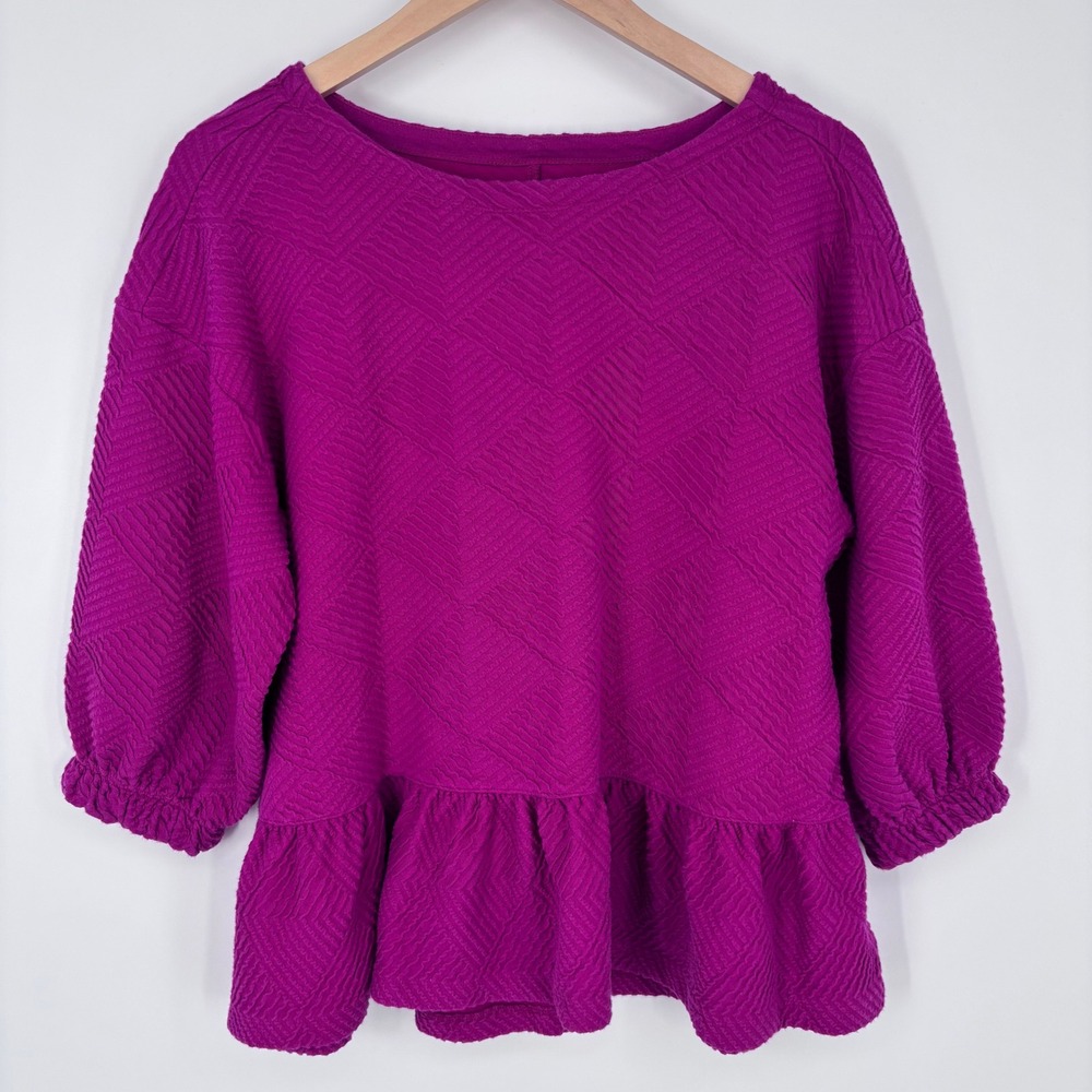 Maeve Mikayla Peplum Top Womens Small Magenta Textured Puff Sleeve Anthropologie